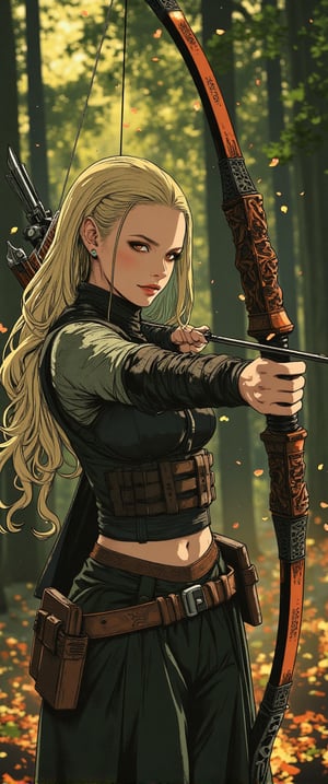 fantasy stylized illustration, elven female archer, profile view, full body shot, masterpiece, high detail, cinematic composition, dramatic lighting character details: elven woman, long blonde hair flowing in wind, pointed ears, serious and focused expression, eyes fixed on target, anime, cyberpunk, ne0nfant4sy, Anime style. pose: archer in full draw position, bow pulled back, arms taut, body angled for perfect form armor: light leather armor with leaf motifs, form-fitting for mobility, arm guards on wrists, quiver on back weapon: ornate wooden longbow, intricately carved with elven designs environment: dense forest backdrop, dappled sunlight filtering through leaves, autumn colors, falling leaves in foreground lighting: golden hour sunlight, rays piercing through trees, creating a magical atmosphere mood: tense, alert, ready for action style: highly detailed digital painting, realistic fantasy, vibrant autumn colors additional elements: leaves and particles floating in air, lens flare effects, subtle magical aura around the archer, intricate elven patterns on armor and bow composition: character positioned on left third of frame, arrow pointing towards right side, creating dynamic tension,ct-rosity,ct-chainb,ct-animefilm,ct-kds,ct-vero13,ct-euntity,ct-jennie,ct-dbe,ct-blondie,ct-amantity,ct-portuguitity