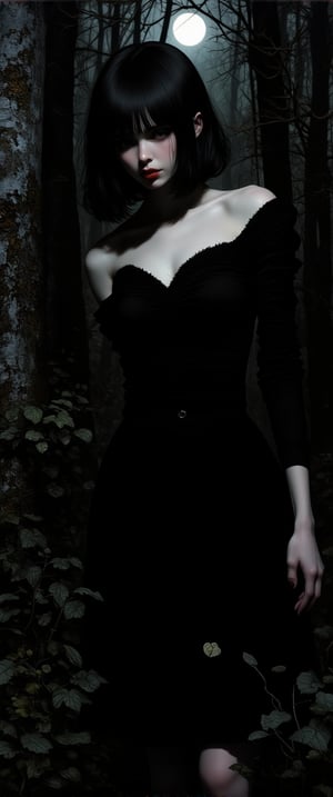 "A mysterious woman with short black hair, fair skin, and striking red lips stands in a dark forest, her gaze locked with the viewer. She wears a simple black dress, and the moonlight filters through the trees, casting dappled shadows across her face and body. Her expression is calm, with her head slightly lowered, and the light subtly illuminates her upper body. The scene is atmospheric, with the dark forest setting creating a sense of intrigue and mystery. The play of light and shadow adds depth, while the moon's glow enhances the ethereal quality of the environment, blending perfectly with the figure's poised presence."