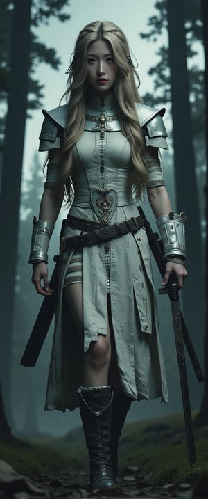 A Valkyrie dressed in proper white Norse armor and holding a sword, in a semi-realistic dark urban fantasy style for a cinematic poster and Midjourney cinematic style. The background is an dark and ancient misty Nordic forest. Chiaroscuro Lighting Style, Covered in shadows , partially covered in shadows.,ct-lelahh,ct-elftity,ct-muun,ct-arix,ct-leetity,ct-hyuntity,ct-prettienime,ct-vituajis