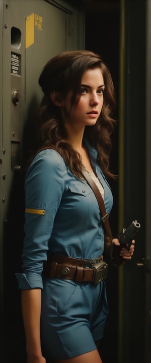 stunning photograph of beautiful young woman dressed as a real life vault dweller from fallout 4, long straight hair ,blue and yellow cotton fabric with brown leather utility belt and shoulder strap vault costume holding a tranquilzer gun, vault door background with the written number "33" on the large vault door --ar 16:9 --style raw --stylize 1000 --v 6, , 
