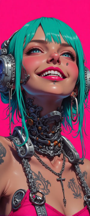 A futuristic young woman with an edgy, cyberpunk vibe gazes with a wide smile. Her face is adorned with a blend of human and robotic elements — her mouth revealing metallic teeth and mechanical components along her jawline and neck. Piercings and silver chains add to her alternative style, and large cross-shaped earrings dangle from her ears. Her tattooed neck merges into a metallic, cyborg-like structure, while her bright teal hair contrasts with the neon-pink background.
.,ct-colority