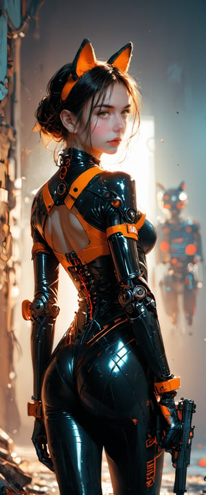 1girl, solo, breasts, looking at viewer, short hair, red eyes, holding, animal ears, standing, weapon, ass, looking back, from behind, holding weapon, orange eyes, gun, bodysuit, fake animal ears, holding gun, handgun, science fiction, android, black bodysuit, robot joints