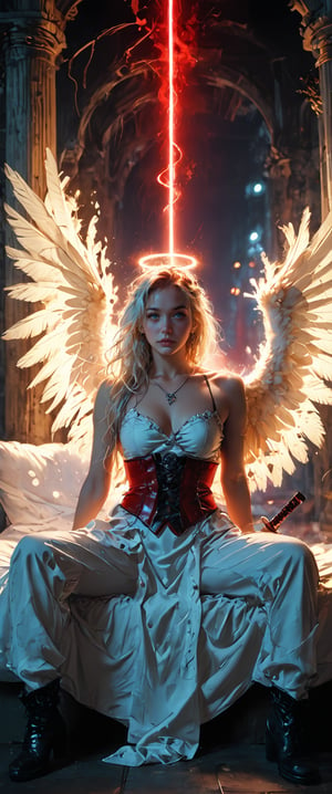 1girl, solo, long hair, looking at viewer, blue eyes, , dress, holding, sitting,on_couch,spread legs, pelvis curtain, full body, white hair, , boots, wings, , , red dress, grey eyes, ,  glowing halo,  glowing feathered wings, corset, angel wings, angel, pillar, huge katana, planted katana, glowing katana, indoors,luminiscent, glowing in the dark, glowing halo, neon wings, ciberpunk, cyberpunk envoirement, neon lights, neon ads