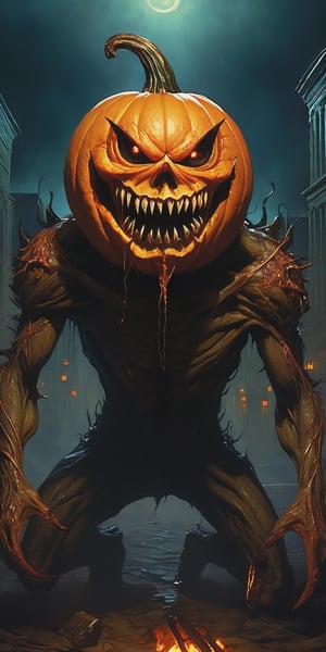 a pumpkin monster creature . Its body combines twisted metal with pulsating flesh. .   , , glowing eyes, and rows of sharp teeth . dark tense and unsettling atmosphere, wearing a cap .sending a postcard,.office,wearing a l.a cap, reflections, full bodyblood,fear,  By renowned artists such as ,, Francis Bacon, . Resolution: 4k.,,aw0k euphoric style,HellAI,monster,JPO,fire