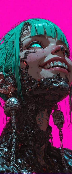 (best quality,4k,8k,highres,masterpiece:1.2), ultra-detailed, (realistic,photorealistic,photo-realistic:1.37), A futuristic young woman with an edgy, cyberpunk vibe gazes with a wide smile. Her face is adorned with a blend of human and robotic elements — her mouth revealing metallic teeth and mechanical components along her jawline and neck. Piercings and silver chains add to her alternative style, and large cross-shaped earrings dangle from her ears. Her tattooed neck merges into a metallic, cyborg-like structure, while her bright teal hair contrasts with the neon-pink background. .,ct-colority
, dynamic pose, urban background, neon-lit cityscape, vibrant colors, holographic projections, dramatic lighting,style of Mattias Adolfsson,ct-skyzo_identity