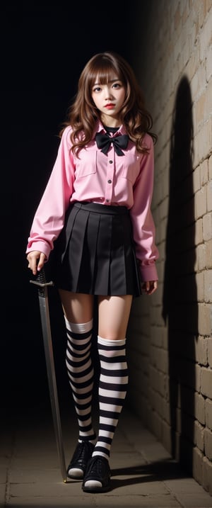 a  sexy female  stands in a dark alleyway, holding a sword in her right hand. She is dressed in a pink long-sleeved shirt, a black skirt, and striped socks. Her hair is a vibrant shade of brown, and her eyes are a piercing blue. She has a black bow tie around her neck, adding a pop of color to her outfit. Her left hand is positioned in front of her body, while the right hand is resting on her hip. Her shadow is cast on the wall on the right side of the image.,hubgwomen