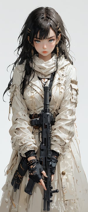 1girl, solo, long hair, looking at viewer, bangs, simple background, black hair, gloves, holding, jewelry, jacket, weapon, earrings, hood, fingerless gloves, holding weapon, see-through, gun, grey eyes, piercing, white jacket, ear piercing, holding gun, black nails, rifle,dal-27,dal-1