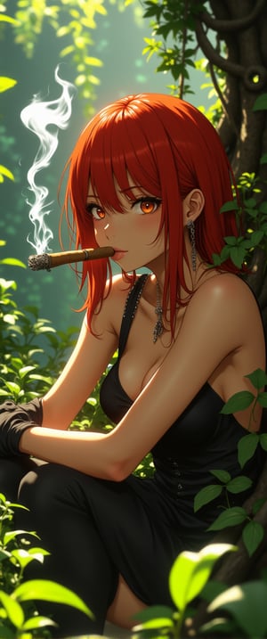 Against a backdrop of overgrown ivy vines and lush foliage, a striking red-haired girl sits serenely, lit cigar between her lips. Wisps of smoke curl around her face, casting an air of mystery and confidence. Sharp, intense eyes pierce through the soft, filtered light that seeps through the dense vegetation, casting shadows on her features. Amidst this wild yet intimate setting, nature encroaches upon her, amplifying her strong and rebellious energy.,ct-physmstyle2