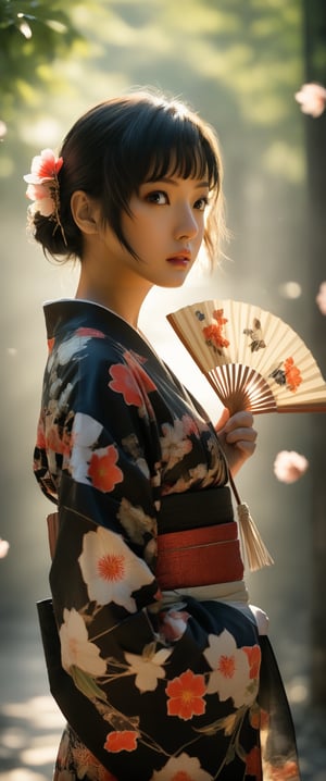 1girl, solo, looking at viewer, short hair, bangs, black hair, hair ornament, long sleeves, holding, brown eyes, closed mouth, standing, flower, sidelocks, cowboy shot, outdoors, parted lips, japanese clothes, day, hair flower, wide sleeves, kimono, blurry, from side, lips, looking to the side, sash, depth of field, blurry background, obi, floral print, bug, fire, red flower, butterfly, hand fan, backlighting, arm at side, yukata, print kimono, holding fan, black kimono, paper fan, 1girl, solo, looking at viewer, short hair, bangs, black hair, hair ornament, long sleeves, holding, brown eyes, closed mouth, standing, flower, sidelocks, cowboy shot, outdoors, parted lips, japanese clothes, day, hair flower, wide sleeves, kimono, blurry, from side, lips, looking to the side, sash, depth of field, blurry background, obi, floral print, bug, fire, red flower, butterfly, hand fan, backlighting, arm at side, yukata, print kimono, holding fan, black kimono, paper fan, cherry_blossom



,more detail XL