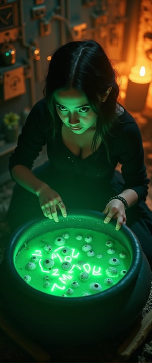  70mm lens, full-color photograph, shadows, cinematics lighting, volumetric lights, realistic lights, three quarter view, film grain, BREAK, Background: a witch's hut, dark, Top down view of a young witch, stirring in a cauldron full of a green soup-like liquid, eye-balls floating in the soup, green luminescent text in the soup that says: "CTMAKER", orange light in the back ground, looking at the viewer





.

.. Film grain and blur enhance the cinematic feel, transporting us back to a low-res 1980s movie screen.,ct-jennie,ct-vero13,ct-smeraldity,ct-bibity
t.,ct-chasartre,ct-bustyy2,ct-kbright,ct-chainb,ct-biskitity,ct-rosity,ct-smeraldity,ct-hyuntity,ct-leetity,ct-arix,ct-savaga,ct-muun,ct-vituajis,ct-identityV2,ct-dbe