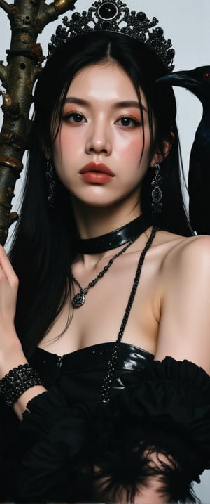 cinematic still  of a woman's face is adorned with a black crown, adorned with black beads and a black necklace. The woman's eyes are a piercing blue, and her long black hair cascades over her shoulders. She is dressed in a black strapless dress, adorned by a black feather bookey bracelet. Her dress is draped over her left shoulder, adding a touch of contrast to her outfit. The backdrop is a stark grey, blurred, suggesting a natural setting. To the right of the woman's head, a black bird is perched on a branch, adding depth to the composition.


.The 70mm lens captures every detail, framing her provocative pose within a cinematic composition that transports us to a low-res 1980s movie screen.,ct-hope,ct-coramay,ct-hope2,ct-horrority,ct-vlaoba,ct-dbe,ct-amantity,ct-portuguitity,ct-biskitity,ct-chainb,ct-eli2,ct-bubolz,ct-kbright,ct-vero13g3,ct-yung4,ct-naeun7