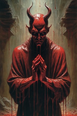 A chilling depiction of a menacing the devil   in a dark and atmospheric setting, with blood dripping from his hands. The artwork should be highly detailed and realistic, utilizing dynamic lighting and shadows to enhance the horror element. The color palette should be dark and moody, with hints of red to emphasize the presence of blood. By renowned artists such as H.R. Giger, Zdzisław Beksiński, and Brom. Resolution: 4k.,,aw0k euphoric style,EpicSky,P1980,xxmixgirl