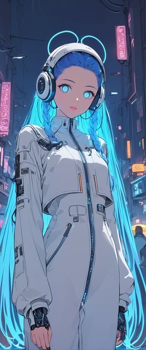 Create a detailed illustration of a young girl in a futuristic, cyberpunk environment. The young woman must have a unique and striking style, with the following characteristics:

Hair:

Bright blue color.
Braided into two long braids that fall in front of her shoulders.
Face:

Delicate and youthful, with large and expressive eyes.
A mark or tattoo in the shape of small stars under one of her eyes.
Outfit:

A loose white or light gray suit, with stitching and zipper details.
The suit should appear functional and designed for technological or exploratory activities.
Equipment:

A large, technological helmet with the inscription "utron
The helmet should have large round headphones on the sides, connected with cables and lights, and an antenna.
One of the young woman's arms must be a robotic prosthesis, with cables, connectors and visible mechanical parts. The robotic hand should have a cracked, luminous sphere.
Background and Environment:

A busy place, such as a convention or technology fair, with people out of focus in the background.
Bright lighting, with neon lights and reflections to add to the futuristic atmosphere.
The image should capture the essence of the cyberpunk style, with a mix of technological and human elements, and an artistic touch reminiscent of comic or manga art.