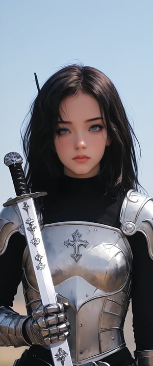 1girl, solo, looking at viewer, black hair, white background, holding, closed mouth, weapon, sword, medium hair, armor, helmet, cross, shoulder armor, gauntlets, headwear removed, pauldrons, breastplate, helmet removed