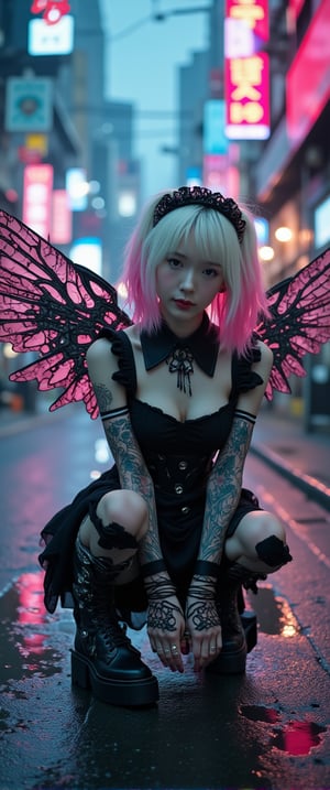 Create an anime-inspired character with gothic and cyberpunk influences. The character is a little cute girl with platinum blonde and neon pink hair, wearing a black steampunk and a gothic maid outfit with mechanical wings. she is squatting. Her accessories include silver rings, fingerless gloves, and platform combat boots. The background features enhancing the punk, dystopian vibe. The overall mood is dark yet vibrant, combining gothic fashion, steampunk elements, and cyberpunk aesthetics, exuding rebellious elegance and mystery.
.

.. Film grain and blur enhance the cinematic feel, transporting us back to a low-res 1980s movie screen.,ct-jennie,ct-vero13,ct-smeraldity,ct-bibity
t.,ct-chasartre,ct-bustyy2,ct-kbright,ct-chainb,ct-biskitity,ct-rosity,ct-smeraldity,ct-hyuntity,ct-leetity,ct-arix,ct-savaga,ct-muun,ct-vituajis,ct-identityV2