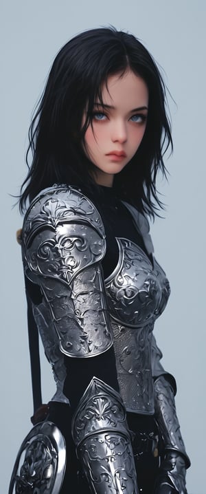 1girl, solo, looking at viewer, black hair, white background, holding, closed mouth, weapon, sword, medium hair, armor, helmet, cross, shoulder armor, gauntlets, headwear removed, pauldrons, breastplate, helmet removed