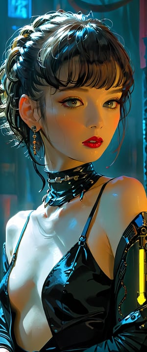 In a dimly lit, smoky cyberpunk club, a femme fatale cyborg sits solo, her mechanical joints gleaming in the flickering light. Her striking features, framed by short hair and bangs, are adorned with jewelry and a black choker. A cigarette dangles from her lips as she pets a snake that gazes directly at the viewer. She wears a revealing seethrough kimono, paired with Japanese-style earrings, and holds a katana surrounded by the dark, gritty atmosphere. Her gaze is sultry, exuding an air of sexy sophistication, as if inviting the viewer to enter her world. The scene is set in a Conrad Roset-inspired style, with a focus on dark, muted tones and industrial textures.,core_9,scary
