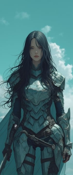 Against a cerulean sky with wispy clouds, a lone figure stands proudly, long black hair flowing down her back like a dark waterfall. She wears gloves, shoulder armor, and a suit of armor that seems to shimmer in the soft light. A cape billows behind her, as if stirred by an invisible breeze. In one hand, she grasps a weapon, its shape unknown, while her other arm rests at her side. Her gaze is direct, confident, and powerful, like a hero ready to face whatever challenges come her way.