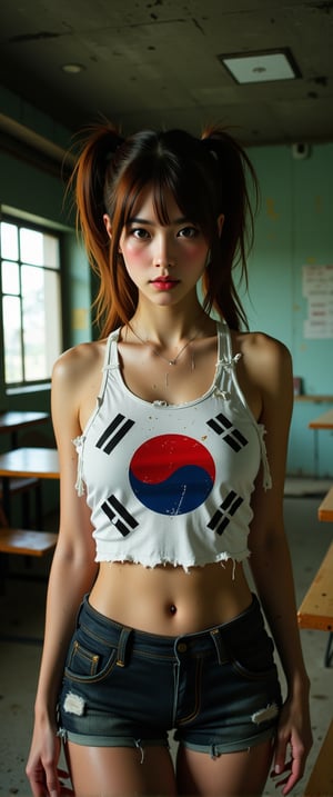 Close-up shot of a  woman with pale skin and athletic build, standing amidst a gritty, rundown room. Her punk-inspired outfit features a torn white crop top with the korean flag design, revealing her midriff. The pigtails are styled high on either side of her head, framing her determined expression. Harsh lighting casts deep shadows, accentuating the worn walls and decaying furniture in the background.