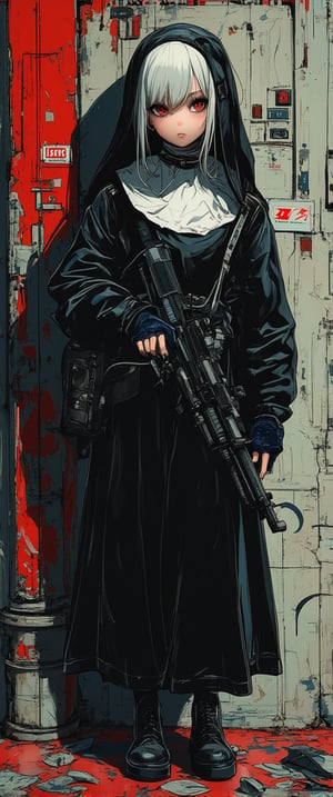  Full body shot, Cyberpunk, Gothic, Biomechanical ( 1girl, solo, looking at viewer, red eyes, gloves, holding, hair between eyes, weapon, white hair, holding weapon, gun, cross, holding gun, rifle, pouch, nun, assault rifle, habit)
), , abstract cubist, Perfect Composition, High Contrast, Atmospheric, Moody, Raw photo, realistic, cinematic lighting, soft shadows, sharp focus, fractal, colorful, depth of field, best quality, 16k resolution,
,ct-animepopstyle,anime,style of Mattias Adolfsson,ct-sensual,cyberpunk,ct-sensual-v2,style of Gerry Anderson