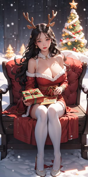 A young girl in full fluffy christmas costume with patterned pantyhose and black armor,  flying over snowy plains in a christmas night. Sitting crosslegged on a christmas sleigh with reindeers. she is holding a giant xmas gift box,  Huge cleavage,  barely visible areola. beige skin with tanlines. Shiny skin. She has extra long wavy brown hair adorned reindeer antlers and snowflakes. Snowing. Her expression is  happy and cheerful,  and her eyes are shining with joy. The christmas vibes,  cozy christmas wonderland, Enhance, (PnMakeEnh), ruined makeup, Snow,realistic, octane render, unreal engine 5, trending on artstation, midjourney,1 girl, SAM YANG, realhands, SAM YANG,iu