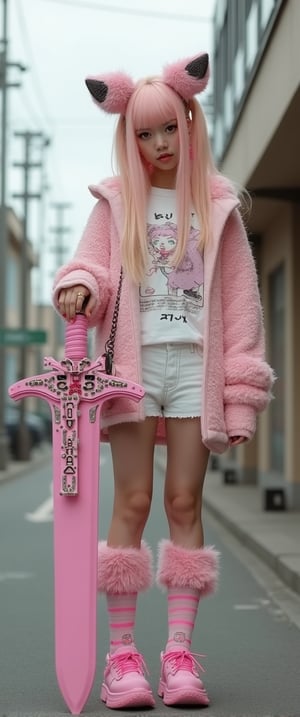 photography showcasing one women in light Fairy Kei fashion. blond hair with pink tips holding a huge mechanical  sword (god eater,chains, bolts). They are dressed in a pastel color palette with a mix of textures like soft knits, lace, fine ribbons and tulle. Accessories include oversized bows, plush bags, and playful jewelry. Their outfits feature elements like t-shirts with cute graphics, fluffy sweaters, layered skirts, and patterned overkneesocks. Each figure stands against an urban backdrop, suggesting a street fashion scene. The overall style is characterized by a bright, colorful aesthetic with a whimsical, youthful vibe, reflecting the unique Fairy Kei subculture. 64k, HDR, highly detailed, ultra sharp, photorealistic,Extremely Realistic,more detail XL., ct-virtual_jisoo, ct-jissoo, ct-visual_v4,ct-amantity,ct-blondie,ct-identityV2,emoart,futurediff, cyborg, robot,ct-skyzo_identity