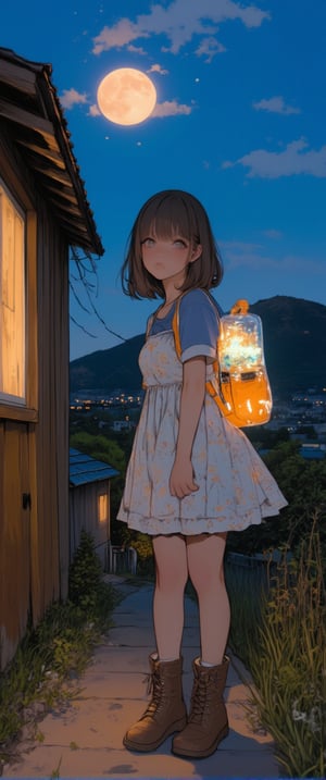 a medium-sized anime girl stands in front of a window(night). She is wearing a light-colored dress, adorned with a floral pattern, and a pair of brown boots with laces on them. Her hair is short, cascades over her shoulders, adding a touch of warmth to the scene. The girl's dress is adorned with small orange stars and a blue shirt with a white design on it, she is wearing a luminiscent and transparent cristal backpack,glowing. She stands on a concrete sidewalk, her left leg is crossed, and her right leg is slightly bent at the elbow. Her left foot is crossed at the knee, while her right foot is straight at the bottom. The backdrop is a vast expanse of grass, with a mountain in the distance. The sky is a deep blue, and the moon is setting, creating a soft glow.