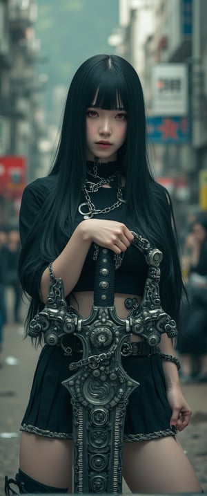 

A masterpiece photograph shot on Canon EOS R6, showcasing a stunning young woman with long, black hair and striking red eyes. She stands in a dystopic urban setting, dressed in a pleated skirt adorned with jewelry and a thigh strap. Her bangs are blunt, framing her pale skin and black nails. In one hand, she holds a large, mechanical sword covered in intricate parts, gears, and rivets, contrasting with her delicate features. The other hand is wrapped in chains, adding to the sinister aura. Her gaze meets the viewer's, exuding confidence and mystery. The overall atmosphere is whimsical and youthful, reflecting the unique Xianji subculture. Ultra-realistic details include 64k HDR, highly detailed skin, and ultra-sharp features. Capture this captivating scene with a photorealistic image that tells a story of contrasts.