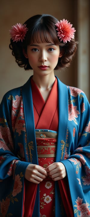 a woman dressed in a traditional Japanese kimono, adorned with a blue robe and a red dress. Her hair is styled in a wavy bob, and she is adorned with two flowers in her hair, adding a touch of beauty to the scene. The backdrop is blurred, creating a stark contrast to the woman's outfit..,ct-vituajis,ct-arix,detailerlora,intricate portrait