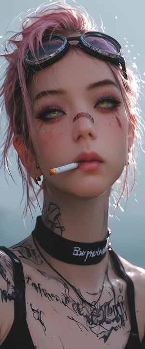 1girl, solo, breasts, looking at viewer, short hair, cleavage, jewelry, medium breasts, swimsuit, yellow eyes, upper body, pink hair, bikini, earrings, necklace, blurry, collar, english text, lips, blood, tattoo, makeup, depth of field, mouth hold, piercing, goggles, bandaid, goggles on head, cigarette, injury, realistic, nose, smoking, bandaid on face, arm tattoo, body writing, dirty, , cyberpunk, dirty face, steampunk