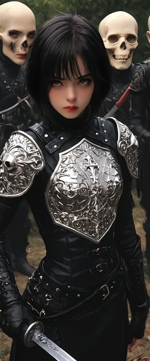 1girl, short hair, black hair, gloves, holding, closed mouth, standing, weapon, solo focus, belt, sword, holding weapon, armor, holding sword, cross, letterboxed, shoulder armor, gauntlets, sheath, pauldrons, skull, breastplate, red lips