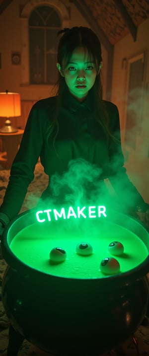  70mm lens, full-color photograph, shadows, cinematics lighting, volumetric lights, realistic lights, three quarter view, film grain, BREAK, Background: a witch's hut, dark, Top down view of a young witch, stirring in a cauldron full of a green soup-like liquid, eye-balls floating in the soup, green luminescent text in the soup that says: "CTMAKER", orange light in the back ground, looking at the viewer





.

.. Film grain and blur enhance the cinematic feel, transporting us back to a low-res 1980s movie screen.,ct-jennie,ct-vero13,ct-smeraldity,ct-bibity
t.,ct-chasartre,ct-bustyy2,ct-kbright,ct-chainb,ct-biskitity,ct-rosity,ct-smeraldity,ct-hyuntity,ct-leetity,ct-arix,ct-savaga,ct-muun,ct-vituajis,ct-identityV2,ct-dbe