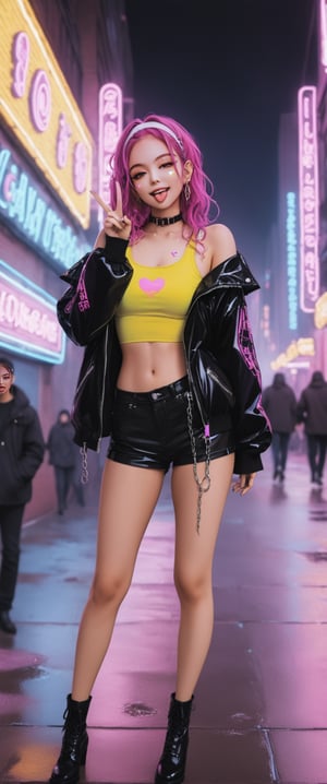 In a vibrant, neon-lit cityscape, a young woman with long, wavy hair and a mischievous grin, stands confidently amidst the urban night. She wears a black vinyl jacket, adorned with chunky chains and a collar of tiny tachuelas. Her white headband is tied around her forehead, holding back her wet locks. A DRONE 26K inscribed yellow tank top clings to her toned physique.

As she proudly holds up her hand in a V sign near her face, two purple hearts are painted on her cheeks, matching the playful tone of her outstretched tongue. Her large, rounded pink earrings bounce with each subtle movement.

The city's towering skyscrapers and bustling streets provide a futuristic backdrop, with neon lights reflecting off the wet pavement. The atmosphere is electric, capturing the carefree essence of this rebellious cyberpunk heroine, standing tall and unapologetic in her freedom and joy.,score_9,ct-virtual,ct-jeniiii
