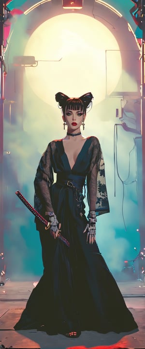 Prompt: In a dimly lit, smoky cyberpunk club, a femme fatale cyborg sits solo, her mechanical joints gleaming in the flickering light. Her striking features, framed by short hair and bangs, are adorned with jewelry and a black choker. she pets a snake that gazes directly at the viewer. She wears a revealing seethrough kimono, paired with Japanese-style earrings, and holds a katana surrounded by the dark, gritty atmosphere. Her gaze is sultry, exuding an air of sexy sophistication, as if inviting the viewer to enter her world. The scene is set in a Conrad Roset-inspired style, with a focus on dark, muted tones and industrial textures.,core_9,scary, (masterpiece:1.2),ct-virtual,dcas_lora
