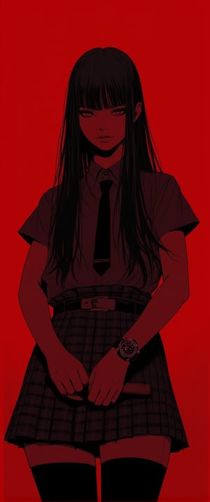 1girl, solo, long hair, looking at viewer, bangs, skirt, shirt, black hair, thighhighs, holding, jewelry, closed mouth, standing, short sleeves, cowboy shot, pleated skirt, earrings, necktie, collared shirt, belt, black thighhighs, blunt bangs, black skirt, black eyes, lips, plaid, black shirt, plaid skirt, black necktie, red background, watch, black belt, wristwatch, baseball bat masterpiece, best quality, amazing quality, very aesthetic, absurdres, depth of field,