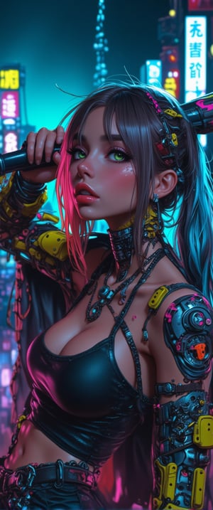 Here's a high-quality, coherent SD prompt based on the input: A close-up shot of a automata woman ' in her a cyberpunkpunk attire,mechanical joints, mechanical parts, wires,joints captured in ultra-high definition. She stands confidently, baseball bat held aloft, with vibrant hair styled in alternating blue, pink, and yellow hues. Her face is a masterpiece of dark makeup, featuring heavy eyeliner, red lipstick, . Sharp focus on her intense eyes, with a deep depth of field , . The background is a dark urban landscape with a blue-purple hue, contrasting strikingly with her colorful outfit. High-contrast lighting creates a cinematic atmosphere, with atmospheric shadows adding to the moody tone. Professional photography and 32K UHD resolution deliver photorealistic details, vivid colors, and high dynamic range. A truly impactful and visually stunning image, perfect for an action-packed movie poster.,ct-bratz