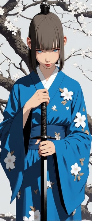 A 70mm lens captures aa medium-sized Asian woman, dressed in a blue kimono, adorned with white flowers, stands in front of a backdrop of a tree branch with white blooms. The woman's hair is styled in a sleek, straight line, and her eyes are a piercing blue. She is holding a black sword in her right hand, adding a touch of contrast to her outfit. The backdrop is a stark white wall, creating a stark contrast to the woman's outfit.,ct-jennie