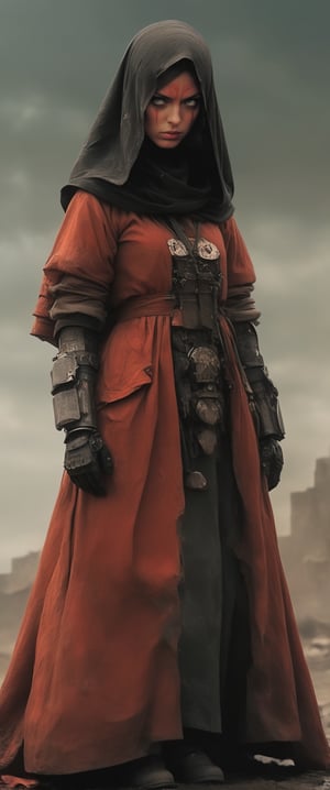 masterpiece, biomechanical legs, combat nun warriror, angry ,, stands arms on hips, red hood, combat ready in an dusty city post apocaliptic ruins, covered in dust, antion shot, movie still, volumetric light, dark and moody style, tense athmosfere, intrincate details, ultra high detallieded, Shattered Armor, rainy, mud,digital artwork by Beksinski,hubg_mecha_girl,darkart,princess,scenery,latex princess,aw0k euphoric style