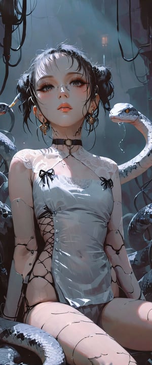 In a dimly lit, smoky cyberpunk club, a femme fatale cyborg sits solo, her mechanical joints gleaming in the flickering light. Her striking features, framed by short hair and bangs, are adorned with jewelry and a black choker. A cigarette dangles from her lips as she pets a snake that gazes directly at the viewer. She wears a revealing seethrough kimono, paired with Japanese-style earrings, and holds a katana surrounded by the dark, gritty atmosphere. Her gaze is sultry, exuding an air of sexy sophistication, as if inviting the viewer to enter her world. The scene is set in a Conrad Roset-inspired style, with a focus on dark, muted tones and industrial textures.,core_9,scary, (masterpiece:1.2),ct-virtual