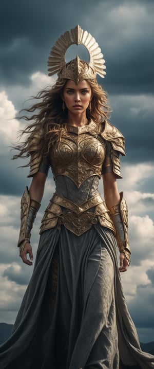 A powerful warrior queen standing confidently against a dramatic cloudy sky. She is adorned in elaborate, golden armor with intricate designs, including a prominent chestplate and a flowing cape. Her hair is long and wavy, flowing freely in the wind. She wears an ornate, golden helmet with wings and holds a large, decorated spear in one hand while pointing forward with the other. The background is filled with dark, swirling clouds, creating a sense of epic grandeur and intensity. The lighting highlights the metallic sheen of her armor and the fierce determination in her eyes., ,1 girl