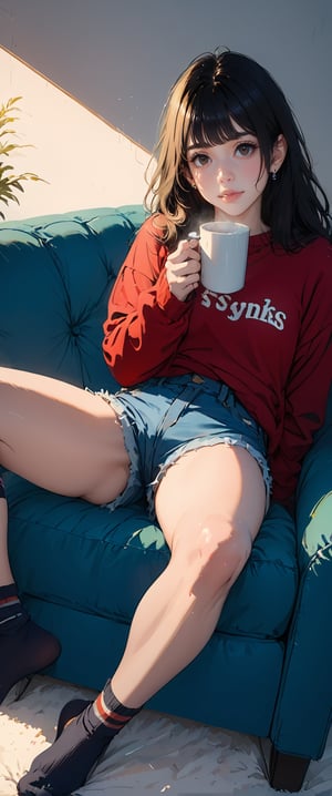 1girl, solo, long hair, looking at viewer, bangs, black hair, long sleeves, holding, brown eyes, jewelry, sitting, earrings, shorts, socks, striped, indoors, signature, spread legs, sweater, cup, lips, sleeves past wrists, short shorts, no shoes, denim, couch, holding cup, clothes writing, blue shorts, denim shorts, mug, realistic, on couch, reclining, red sweater, striped socks