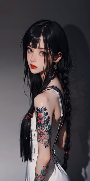  portrait of a stunning woman with beautiful tattoos and long black hair with bangs and braids, michael page, sad maditative pose, hyper-realistic illustrations, photorealistic detail ,m_kayoung