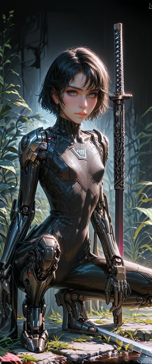 score_9, score_8_up, score_7_up, (),  (Misterious mood), beautiful young woman, , , highly detailed, masterpiece, upper body, finely detailed skin, perfect small breasts,(1girl, solo, solo, looking at viewer, short hair, black hair,, holding, weapon, male focus, sword, holding weapon, bodysuit, traditional media, holding sword, squatting, katana, sheath, science fiction, sheathed, one knee, cyborg, sword over shoulder), Fine art style,Expressiveh,portrait art,dark, ,concept art,B0ld01lp41nt,dark theme,charcoal \(medium\),photo_b00ster