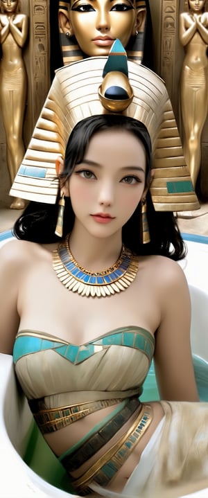 Ancient Egyptian Cleopatra  lying in a long bath tub filled with milk, hieroglyphics, pyramids, looking at the viewer, pale skin tone, delicate make-up, extremely beautiful,sooyaaa