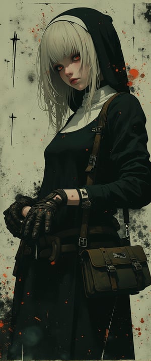  Full body shot, Cyberpunk, Gothic, Biomechanical ( 1girl, solo, looking at viewer, red eyes, gloves, holding, hair between eyes, weapon, white hair, holding weapon, gun, cross, holding gun, rifle, pouch, nun, assault rifle, habit)
), , abstract cubist, Perfect Composition, High Contrast, Atmospheric, Moody, Raw photo, realistic, cinematic lighting, soft shadows, sharp focus, fractal, colorful, depth of field, best quality, 16k resolution,
,ct-animepopstyle,anime,style of Mattias Adolfsson,ct-sensual,cyberpunk,ct-sensual-v2