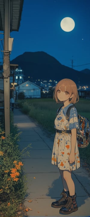 a medium-sized anime girl stands in front of a window(night). She is wearing a light-colored dress, adorned with a floral pattern, and a pair of brown boots with laces on them. Her hair is short, cascades over her shoulders, adding a touch of warmth to the scene. The girl's dress is adorned with small orange stars and a blue shirt with a white design on it, she is wearing a luminiscent and transparent cristal backpack,glowing. She stands on a concrete sidewalk, her left leg is crossed, and her right leg is slightly bent at the elbow. Her left foot is crossed at the knee, while her right foot is straight at the bottom. The backdrop is a vast expanse of grass, with a mountain in the distance. The sky is a deep blue, and the moon is setting, creating a soft glow.