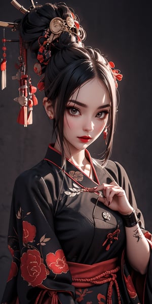a girl( perfect hands, perfect fingers) ,dinamic pose ,, in the style of cybergoth, red threads, midwest gothic, organically inspired body art, nu-goth, made of all of the above, suburban gothic ,style expressive,Samurai girl,Samurai,QIPAO,m_kayoung,sohee