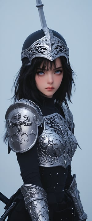 1girl, solo, looking at viewer, black hair, white background, holding, closed mouth, weapon, sword, medium hair, armor, helmet, cross, shoulder armor, gauntlets, headwear removed, pauldrons, breastplate, helmet removed