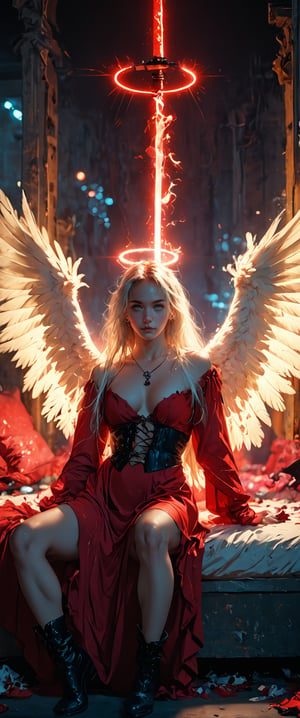 1girl, solo, long hair, looking at viewer, blue eyes, long sleeves, dress, holding, sitting,on_couch,spread legs, pelvis curtain, full body, white hair, , boots, wings,naked legs , black footwear, red dress, grey eyes, ,  glowing halo,  glowing feathered wings, corset, angel wings, angel, pillar, huge katana, planted katana, glowing katana, indoors,luminiscent, glowing in the dark, glowing halo, neon wings, ciberpunk, cyberpunk envoirement, neon lights, neon ads,sensual, sexy, slutty