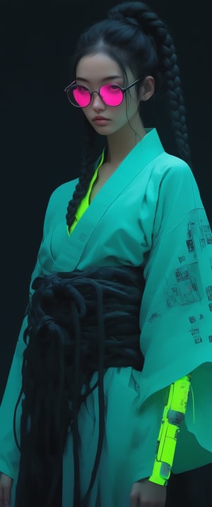 (cyberpunk girl like a samurai in the style of Conrad Roset, Nicola Samori), ultra realistic, (arbitrarily beautiful:1.4), full body, sexy female, (shiny black hair, long braids, neon glasses,transparet kimono),(neon lights) more detail XL, ct-fujiii, ct-goeuun,ct-jeniiii, ct-eujiiin,txznmec